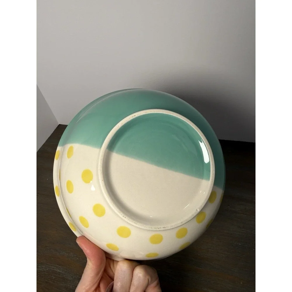 Aqua Turquoise Yellow Polka Dot Ceramic Serving Bowl 8